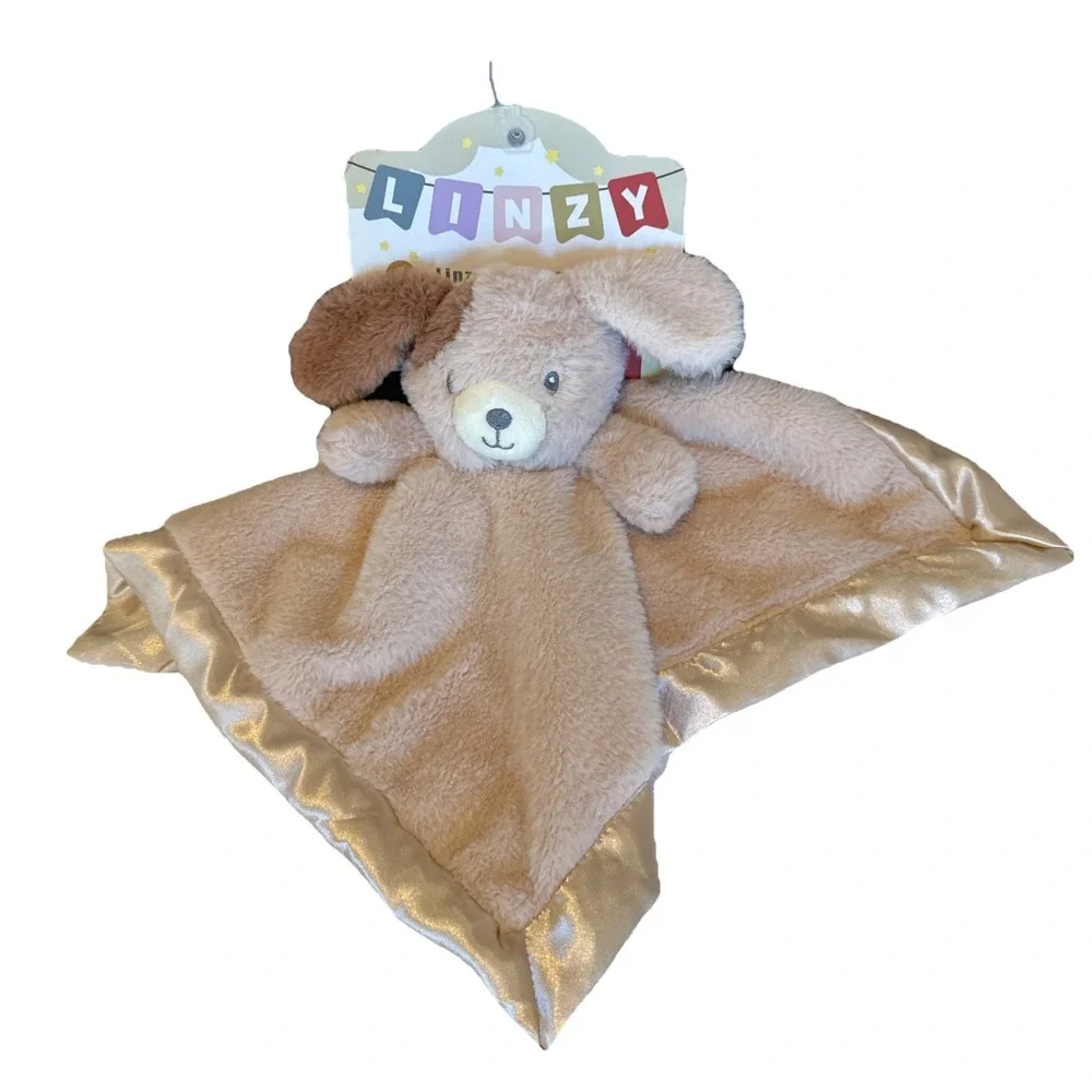 NWT Linzy Baby Beige Puppy Dog‎ Lovey Rattle Plush Spot Infant Security Blanket